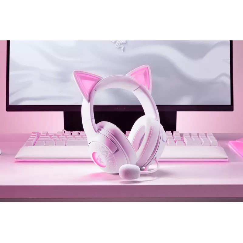 Ausinės Razer Kraken Kitty V2 laidinės USB Type-A baltos — Circumaural, galvos lankelis, 20–20000 Hz, 2 m laidas
