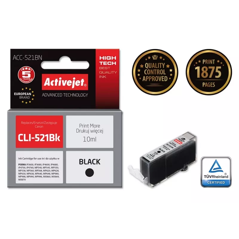 Activejet ACC-521BN rašalo kasetė (pakaitalas Canon CLI-521Bk; Supreme; 10 ml; juoda)