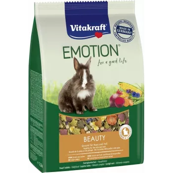 Sausas ėdalas Vitakraft Emotion Beauty triušiams 600 g — pilnas granulių mišinys suaugusiems triušiams, daržovių skonio, 14% baltymų
