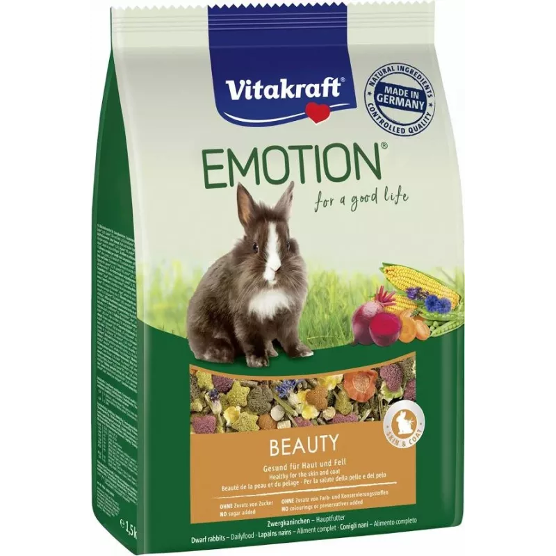 Sausas ėdalas Vitakraft Emotion Beauty triušiams 600 g — pilnas granulių mišinys suaugusiems triušiams, daržovių skonio, 14% baltymų