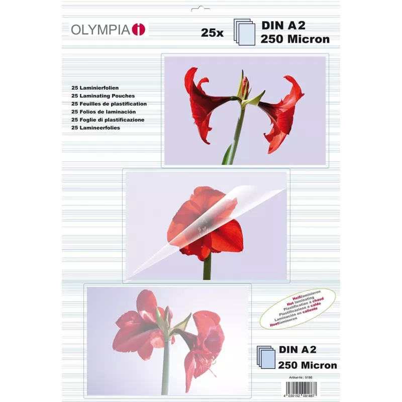 Laminavimo plėvelės Olympia 9186 A2 formatui, permatomos, pakuotėje 25 vnt., plėvelės plotis 429 mm