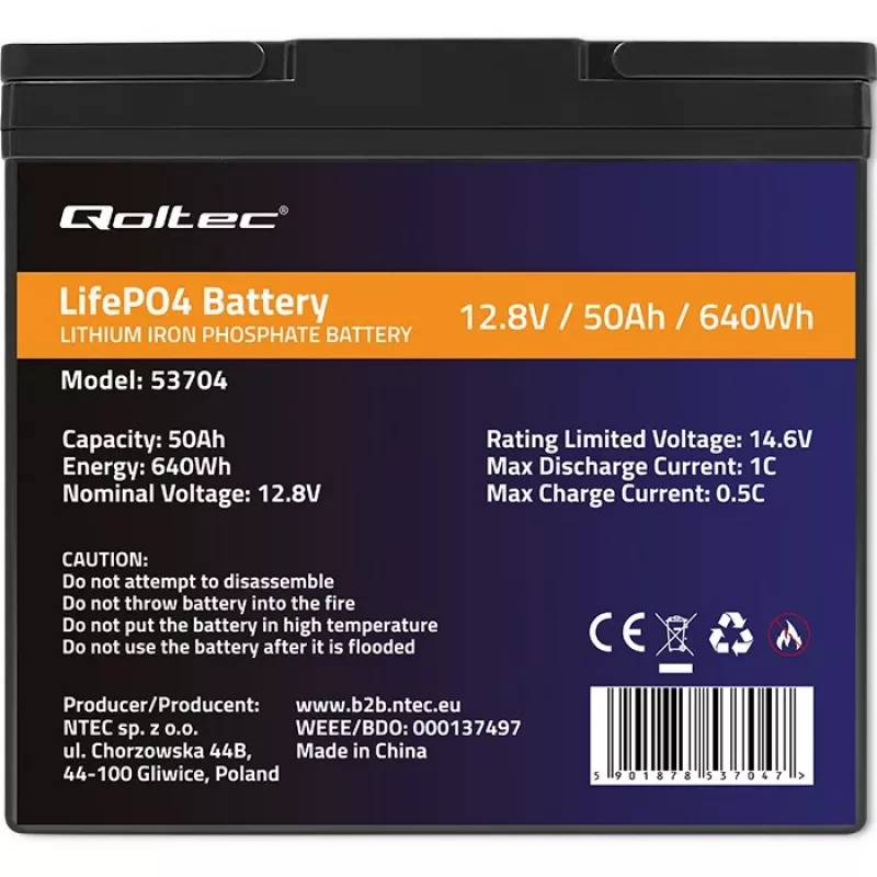 LiFePO4 baterija QOLTEC 12,8 V 50 Ah (modelis 53704) atsarginiam maitinimui ir energijos kaupimui