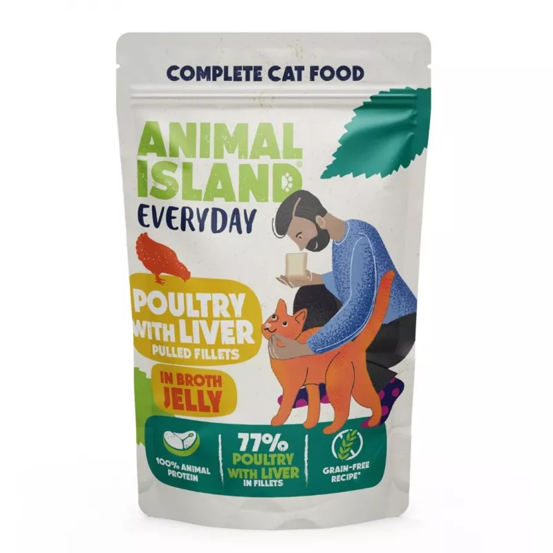 Šlapias kačių maistas animal island Everyday — veršiena ir paukštiena su kepenėlėmis, 4 x 85 g paketėliai, 9,5 % baltymų, 83 % drėgmės