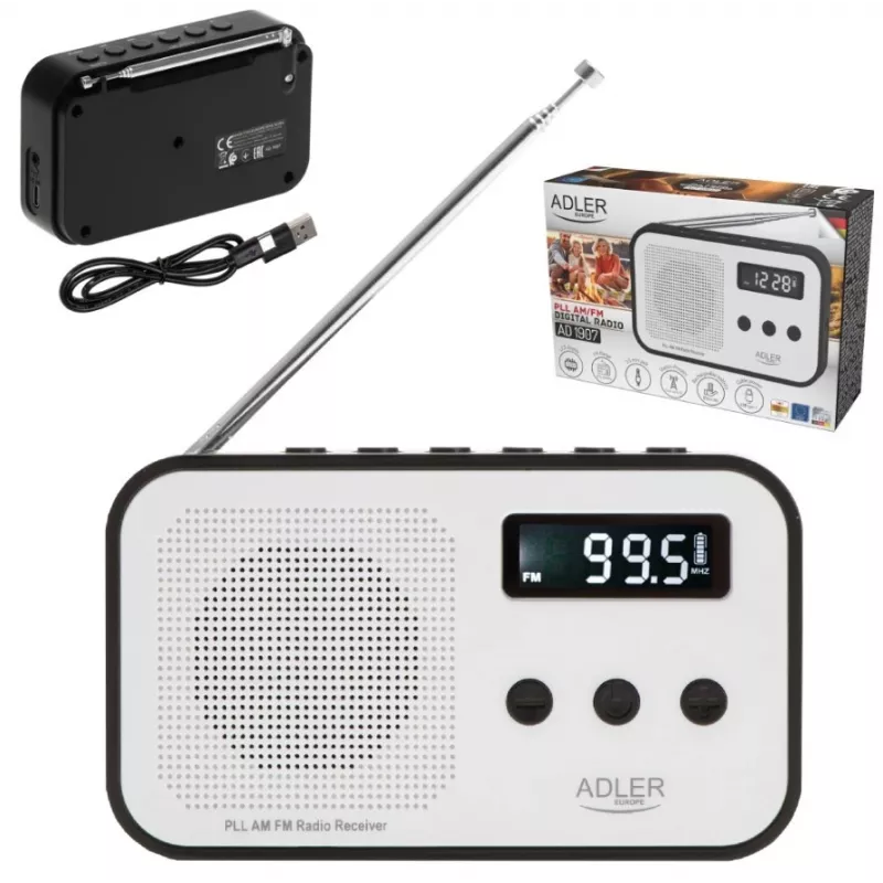 Nešiojamasis skaitmeninis radijas Adler AD 1907 — AM/FM, skaitmeninis imtuvas, žadintuvas, USB-C, 600 mAh baterija, LCD, 20 išsaugotų stočių, teleskopinė antena