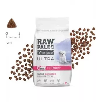 Sausas šunų ėdalas VETEXPERT RAW PALEO Ultra Mini Puppy Pork 2 kg — visavertis pašaras nykštukinių ir mažų veislių šuniukams, 33 % baltymų, 19 % riebalų