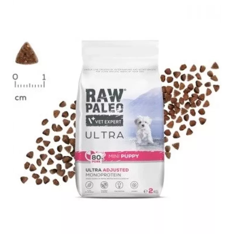 Sausas šunų ėdalas VETEXPERT RAW PALEO Ultra Mini Puppy Pork 2 kg — visavertis pašaras nykštukinių ir mažų veislių šuniukams, 33 % baltymų, 19 % riebalų