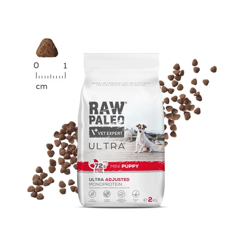 Sausas šunų maistas VETEXPERT RAW PALEO Ultra Mini Puppy Beef 750 g — be grūdų, baltymai 30,5%, riebalai 16,5% mažų veislių šunims (5–10 kg)