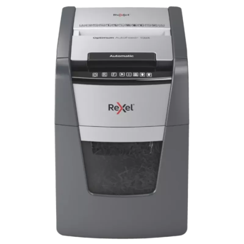 Popieriaus smulkintuvas REXEL Optimum AutoFeed+ 100X — 100 lapų automatinis padavimas, 4 x 28 mm kryžminis pjovimas, 34 L dėžė, aliuminis