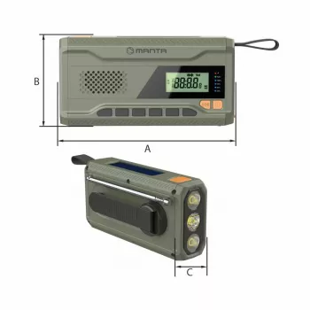 Nešiojamasis FM radijas MANTA RDI401G su saulės baterija, dinaminiu įkrovikliu, 4000–4500 mAh baterija, 5V USB išėjimu, 3W, žibintuvėlis