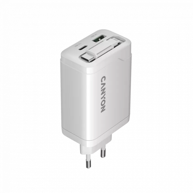 CANYON pakrovėjas OnCharge 65RC su įmontuotu USB-C kabeliu 65W, 1x PD, 1x QC, EU kištukas, Baltas