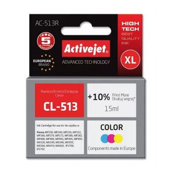 Rašalo kasetė ActiveJet AC-513R suderinama su Canon CL-513, 15 ml dažų pagrindo, XL didelės talpos, spalvota (C/M/Y), atnaujinta premium