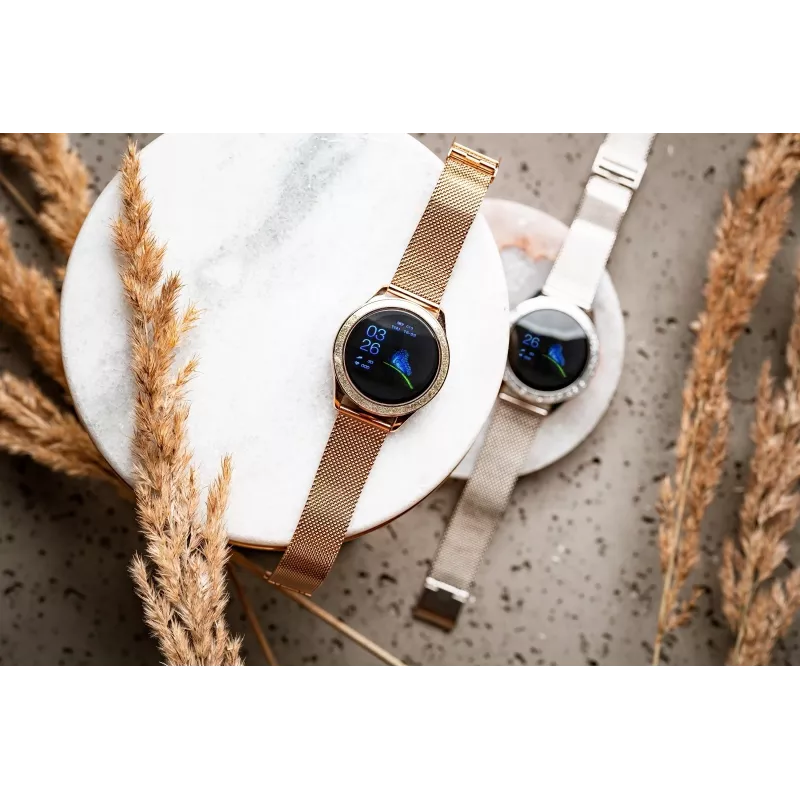 Išmanusis laikrodis ORO-MED ORO-SMART CRYSTAL Sidabrinė — apvalus metalinis korpusas, LCD 240×198, 1,04 colio ekranas, Bluetooth 4.0, atsparus vandeniui, 120 mAh baterija