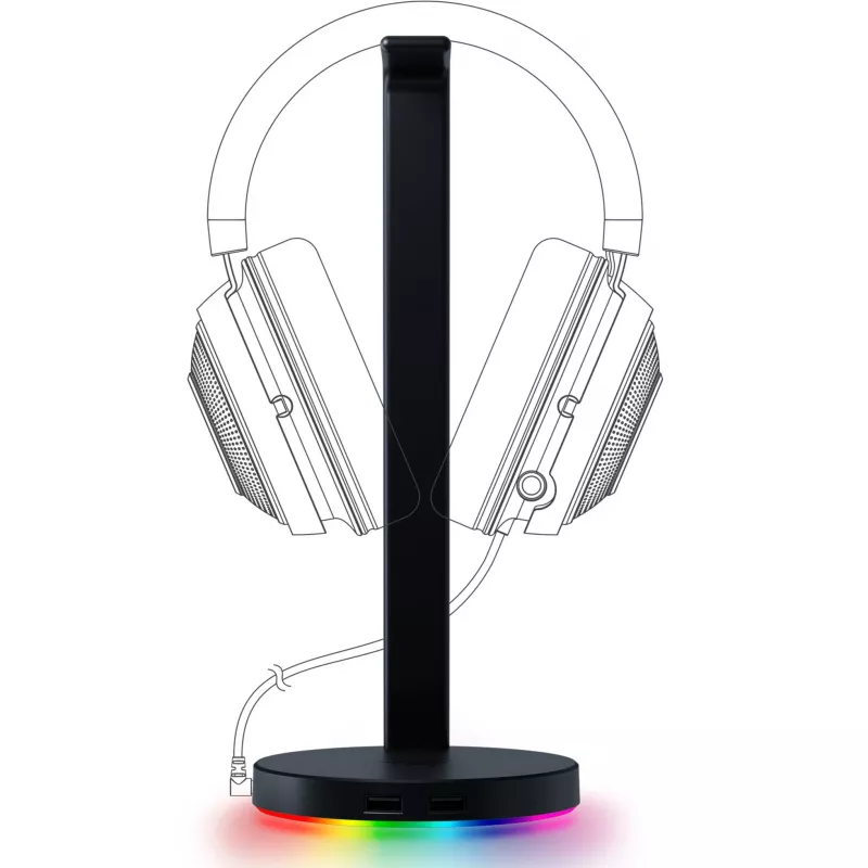 Razer Base Station V2 Chroma, juoda, 2 x USB 3.1 prievadai, 1 x 3,5 mm kombinuotas prievadas su įmontuotu DAC, 7.1 erdvinis garsas, Razer Chroma™ RGB, aliuminio konstrukcija, neslystantis pagrindas