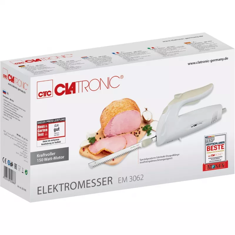 Elektrinis peilis CLATRONIC EM 3062, rankinė maisto pjaustyklė, balta, nerūdijančio plieno peiliai, 160 W