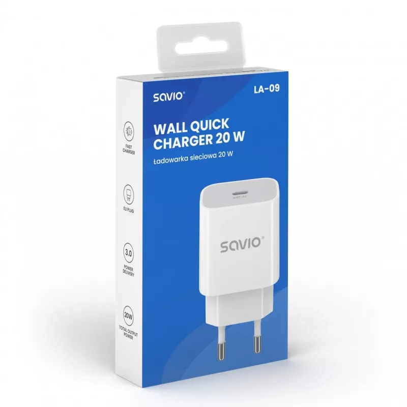 sieninis Charger 20W LA-09 USB-c Qc, Pd 3.0 Savio SAVLA-09