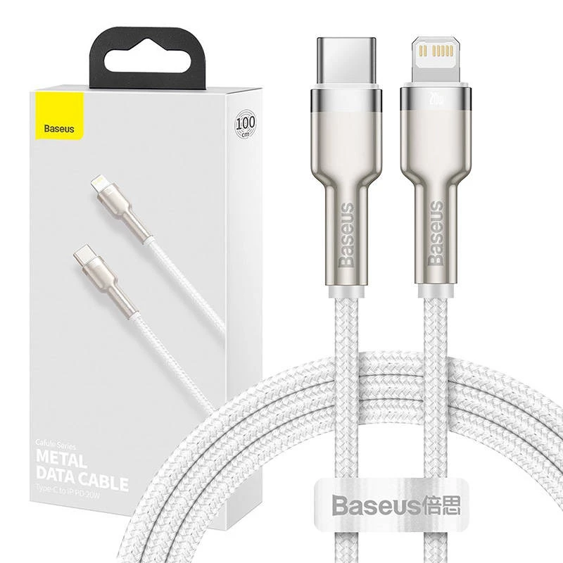 „USB-C“ į „Lightning“ laidas „Baseus Cafule“ 1 m, 20 W, cinko korpusas, baltas