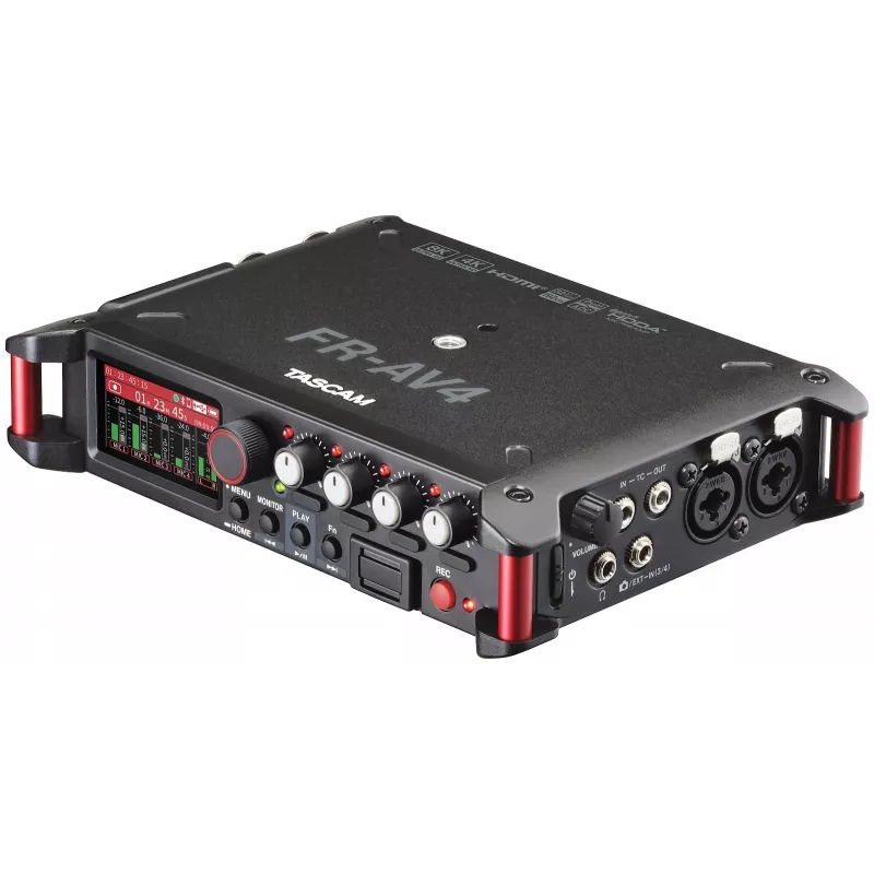 Nešiojamasis garso įrašymo įrenginys Tascam FR-AV4 — 6 kanalų, 4 XLR kombinuotos jungtys + 2x 3,5 mm, 24/32 bitų, 48/96/192 kHz, MicroSD iki 512 GB, USB-C, PD