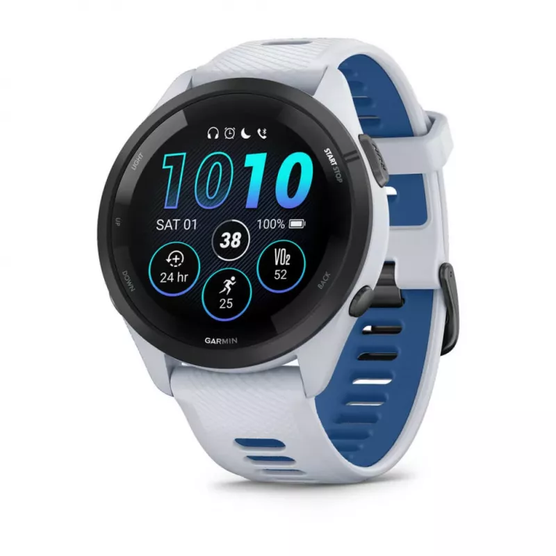 Išmanusis laikrodis GARMIN Forerunner 265 — 46 mm GFRP korpusas, AMOLED 1,3 colio, GPS/GLONASS/Galileo, 15 dienų baterija, 5 ATM, silikoninis dirželis