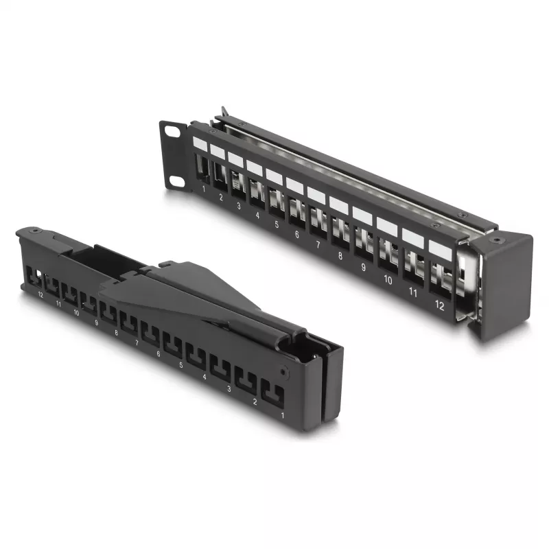 DeLOCK 19 inch Keystone jungčių skydelis 24 prievadų su įtempimo sumažinimu 1U kampinis juodas
