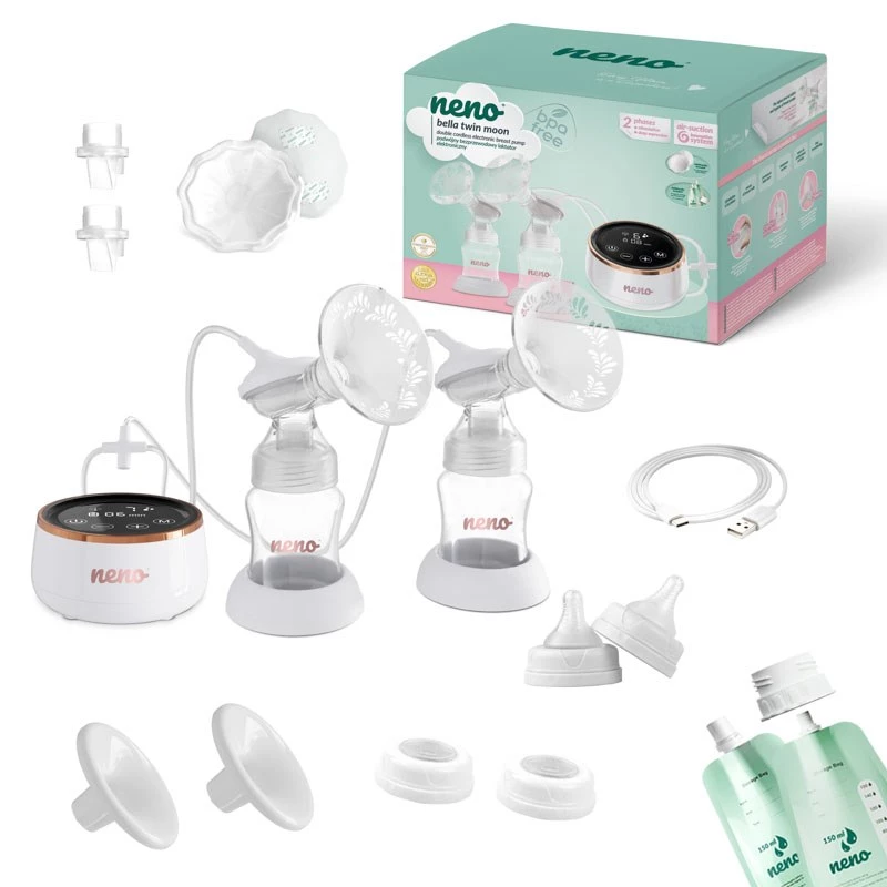 Elektrinis dvigubas krūties siurblys neno Bella Twin Moon — belaidis, dviejų fazių, LCD, 150 ml buteliukai, perlinis
