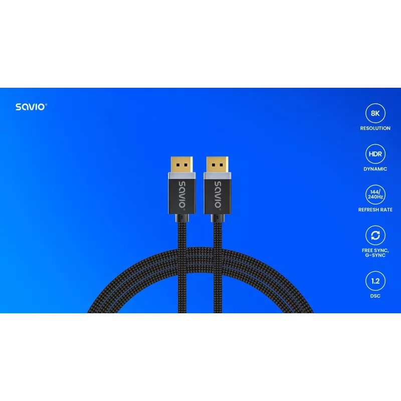 DisplayPort laidas SAVIO CL-166 2 m Juodas — DisplayPort 1.4, kištukas-kištukas, paauksuoti kontaktai