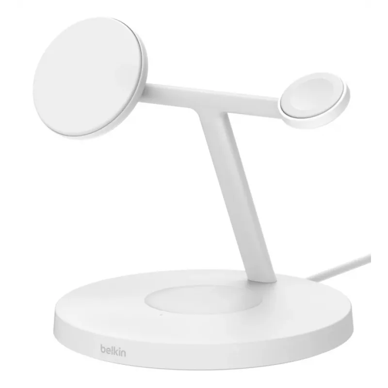 Belkin BoostCharge Pro 3-in-1 belaidė įkrovimo stotelė ausinėms, išmaniajam telefonui, išmaniajam laikrodžiui, balta, USB, belaidis įkrovimas, greitasis įkrovimas, vidaus naudojimui