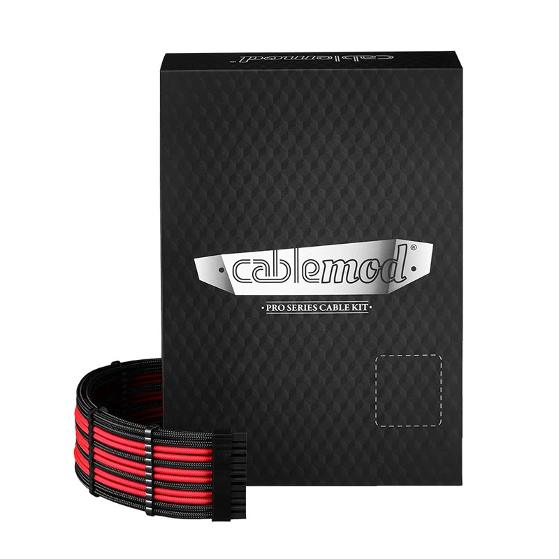 CableMod C-Series PRO RM Juoda Label maitinimo kabelių rinkinys CM‑PCSR‑16P3KIT‑NKKR‑R — juodos ir raudonos spalvos įdėklais dengti PSU kabeliai