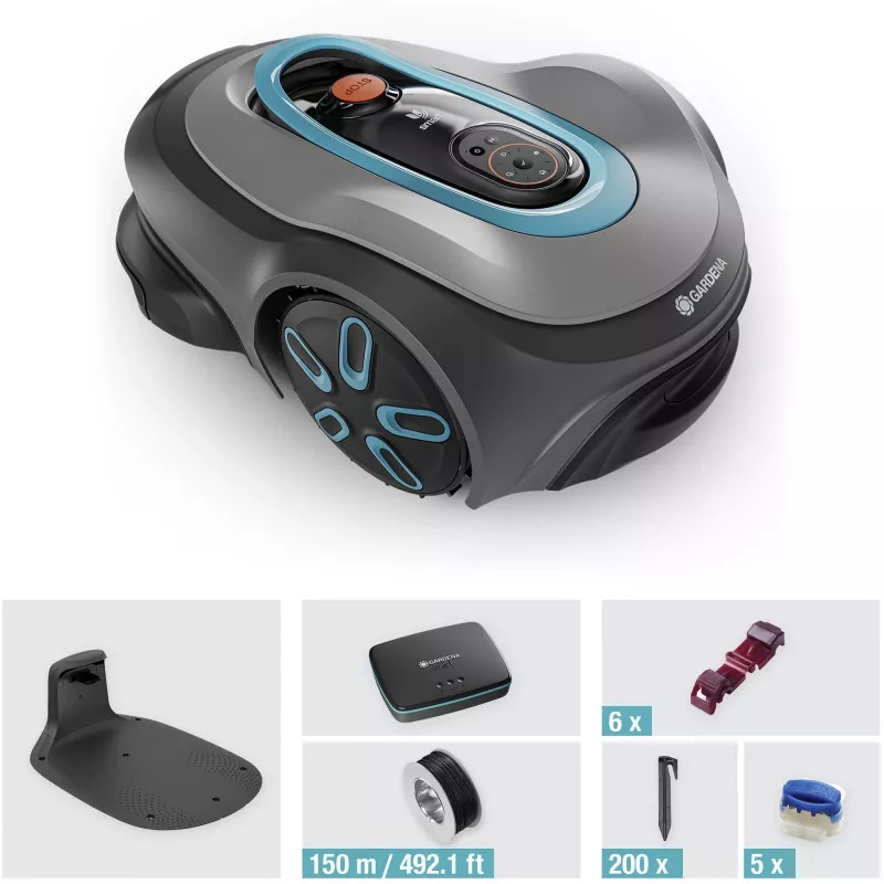 Automatinė vejapjovė GARDENA smart SILENO max — 800 m², 16 cm pjovimo plotis, baterija, LONA navigacija, pilka