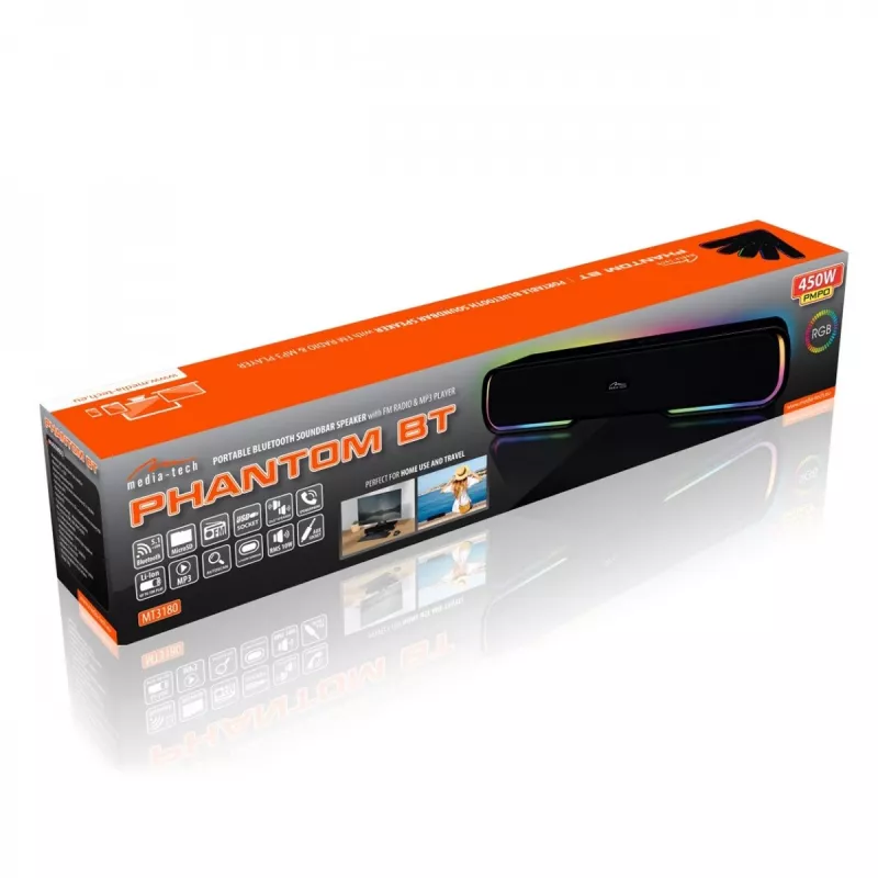 Garsiakalbiai MEDIA‑TECH Phantom MT3180 garso kolonėlė 450 W RMS, 80 W maitinamas baterijomis, Bluetooth, laidinis ir belaidis, juoda