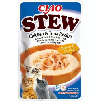 Drėgnas kačių skanėstas INABA Ciao Stew su vištiena ir tunu 40 g pakelis, mėsingas pakelis, 86,5 % drėgmės