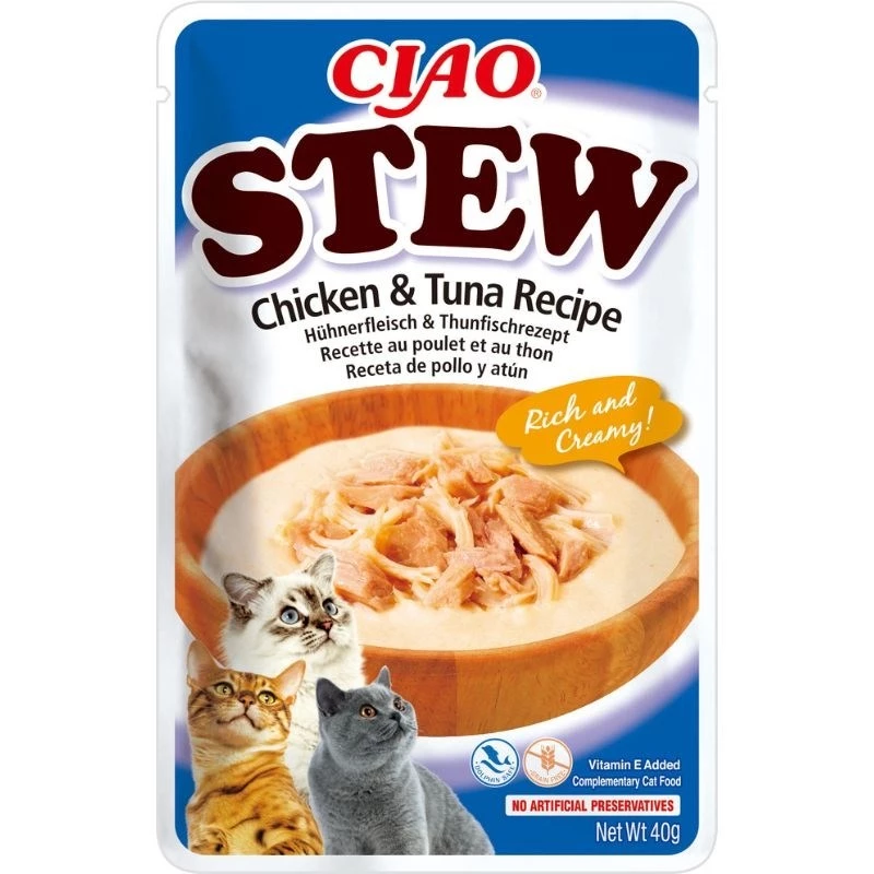 Drėgnas kačių skanėstas INABA Ciao Stew su vištiena ir tunu 40 g pakelis, mėsingas pakelis, 86,5 % drėgmės