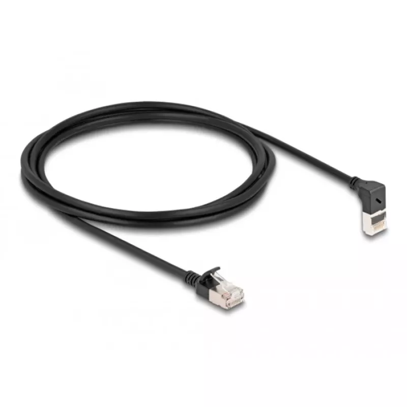 Delock - Tinklo kabelis - RJ-45 (V) į viršų kampuotas į RJ-45 (V) tiesus - 2,0 m - 4,5 mm - S/FTP - CAT 6a - Ekranuotas, be halogenų - Juodas (80288)