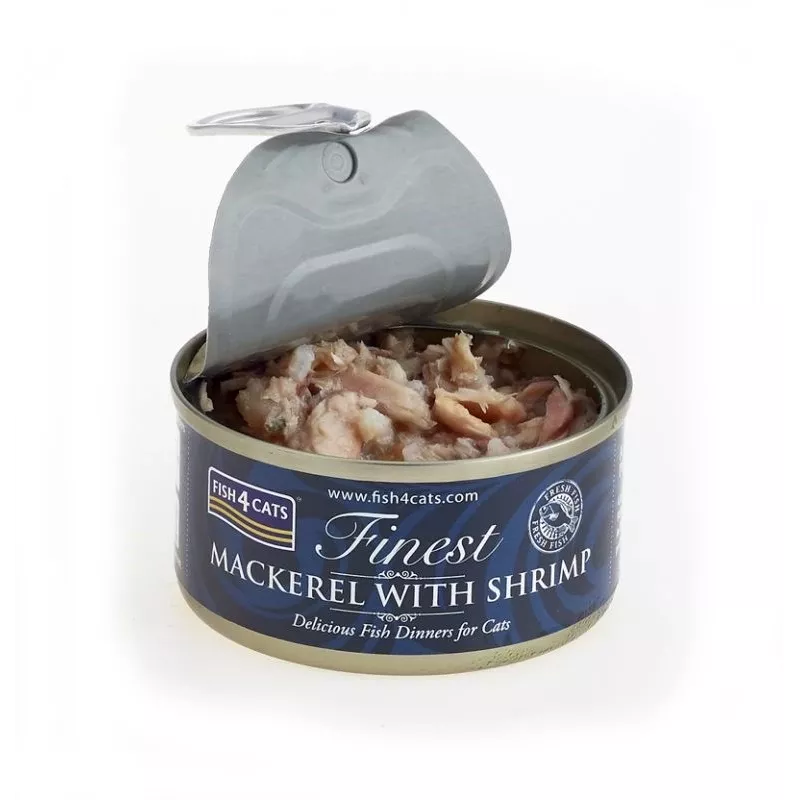 Šlapias kačių maistas FISH4DOGS Mackerel with shrimp 70 g — suaugusioms katėms, žuvies skonio, skardinė, be glitimo