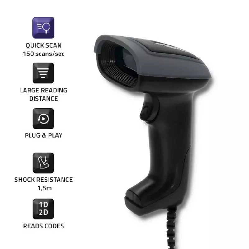Rankinis brūkšninių kodų skaitytuvas QOLTEC 50863 — 1D/2D skaitytuvas, USB laidinis, LED jutiklis, juodas, 5 V, 1,8 m laidas