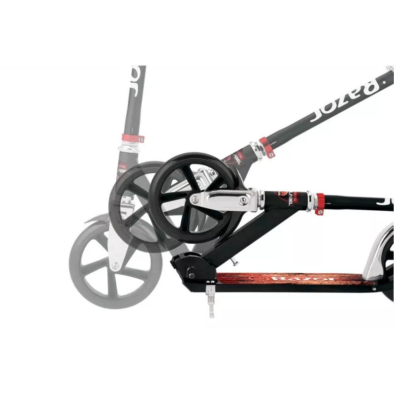 Paspirtukas Razor A5 Lux — aliuminis, 20 cm poliuretano ratai, sulankstomas, reguliuojamo aukščio, maks. apkrova 100 kg, juodas