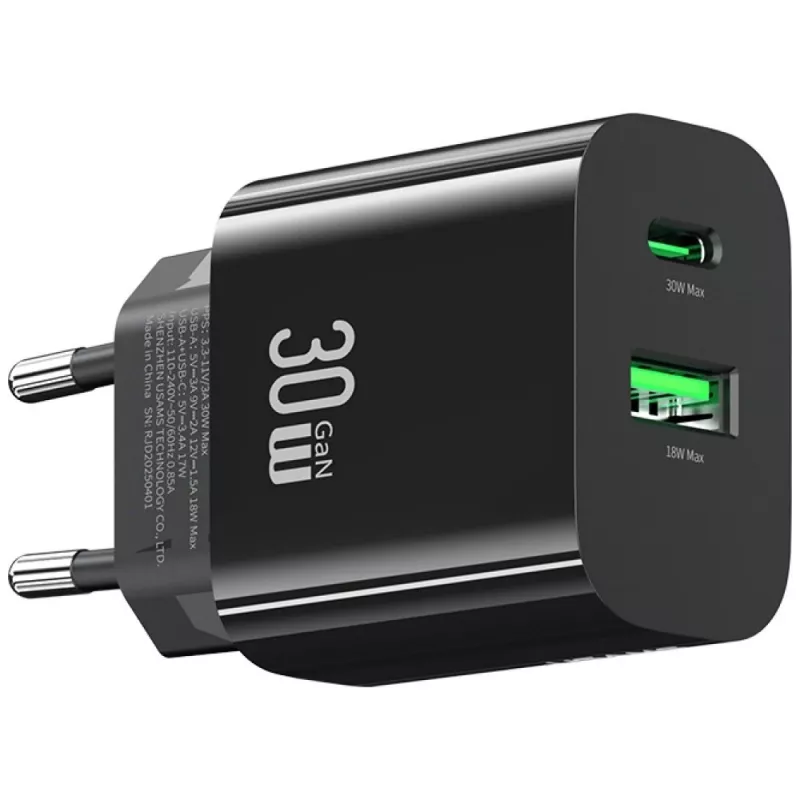 usams Įkroviklis USA001631 30W su 1x USB-C ir 1x USB-A greitas įkrovimas