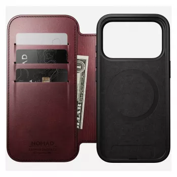 Mobiliojo telefono dėklas Nomad Modern Leather Folio, skirtas Apple iPhone 17 Pro, 6,3 colio (16 cm), oda, bordo spalvos