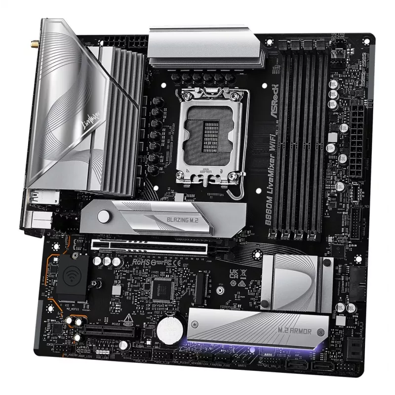 Motininė plokštė ASRock B860M LiveMixer WiFi — Intel B860, LGA 1851, micro ATX, DDR5, 4x DIMM, Wi‑Fi 6E, 2.5Gb LAN