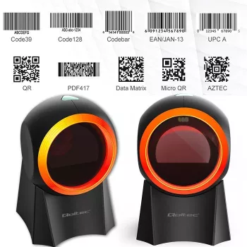 Laidinis stalinis brūkšninių kodų skaitytuvas QOLTEC 50857 — 1D/2D, USB, ABS korpusas, juodas, 1,75 m laidas