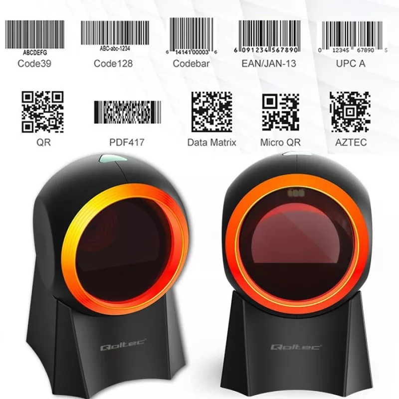 Laidinis stalinis brūkšninių kodų skaitytuvas QOLTEC 50857 — 1D/2D, USB, ABS korpusas, juodas, 1,75 m laidas