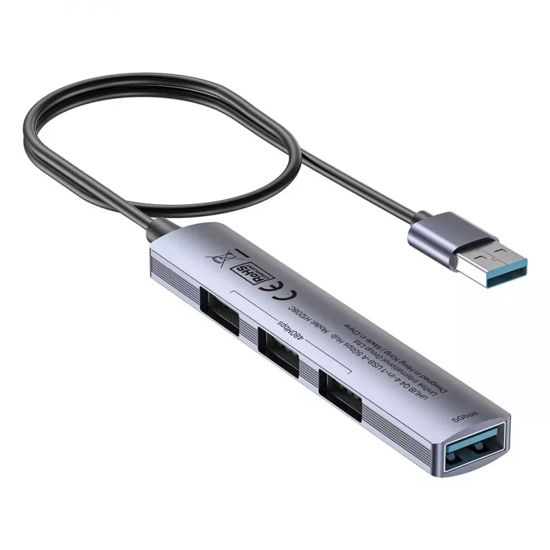 USB šakotuvas Unitek H1208CGY01 — 4 prievadų USB 3.0 (5 Gbps), suderinamas atgal su USB 2.0, aliuminis