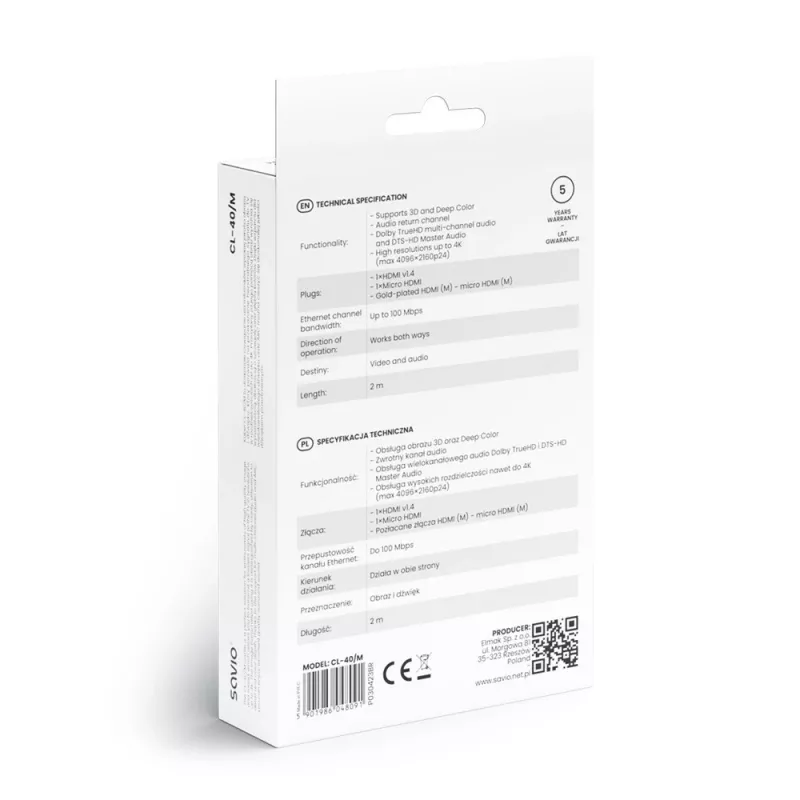 Savio CL-40/M HDMI (M) - micro HDMI (M) laidas su Ethernet, 2m, Juoda