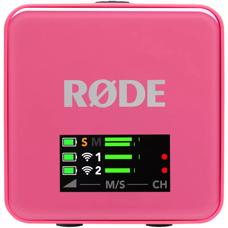 Belaidis mikrofonas RODE Wireless GO III Pink — kompaktiška dviejų kanalų siųstuvo ir imtuvo sistema