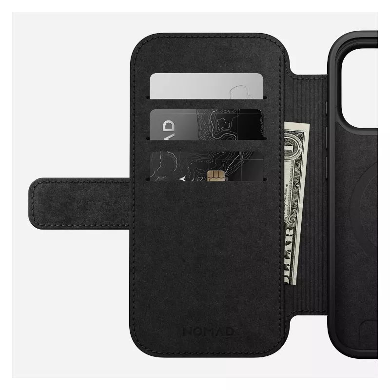Mobiliojo telefono odinis aplankas Nomad Modern Leather Folio Cover, skirtas iPhone 17 Pro, 16 cm (6,3 colio), juodas, 4 kortelių kišenės