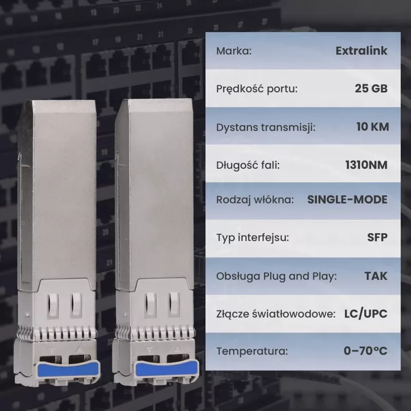 Extralink SFP28 25G 2 pakuotėje | SFP28 modulis | 25 Gbps, LC/UPC dvipusis, 1310 nm, 10 km, vienmodis, DOM tinklo siųstuvas-imtuvas modulis