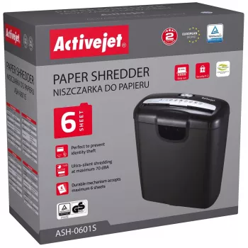 Activejet ASH-0601S smulkintuvas, P-2, 10 l, 6 mm juostelės, 6 lapai, juodas.