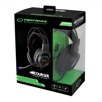 Laidinės ausinės ESPERANZA EGH7100 — ant ausų uždedamos žaidimų laisvų rankų įranga, USB 2.0, 1,5 m laidas, išsikišęs mikrofonas, RGB apšvietimas, 32 Ω, 4 cm garsiakalbiai, 269 g