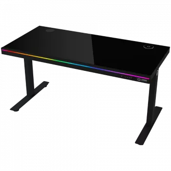 Dviejų variklių reguliuojamo aukščio žaidimų stalas su belaidžiu įkrovikliu, RGB apšvietimu, valdymo skydeliu ir USB prievadais, grūdinto stiklo stalviršis, juodas.