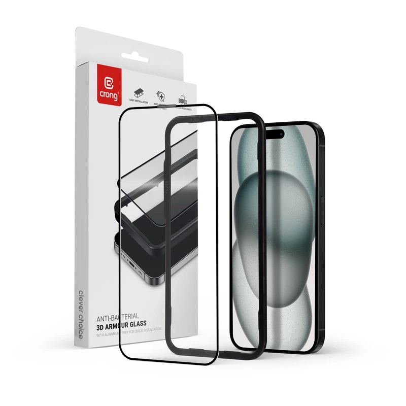 Grūdinto stiklo ekrano apsauga Crong CRG-AB3DAG-IP15 — 9H kietumas, 0,33 mm storis