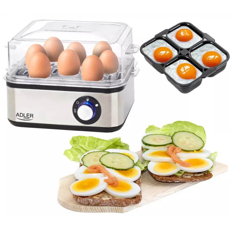 Kiaušinių viryklė Adler AD 4486 — 8 kiaušinių talpa, 800 W, juodo satininio plieno su permatomu dangčiu